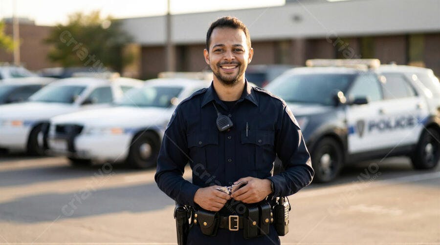 Foto Policial Homem Sorrindo Farda Patrulha Estacionamento