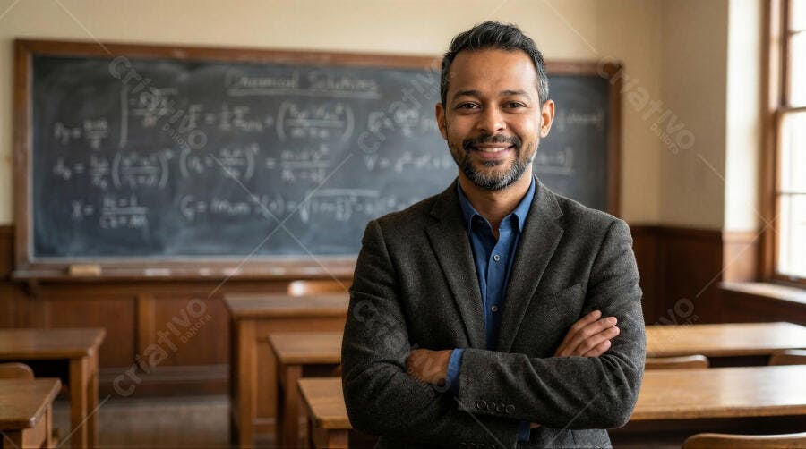 Foto Professor Homem Indiano Sorrindo Sala de Aula Lousa