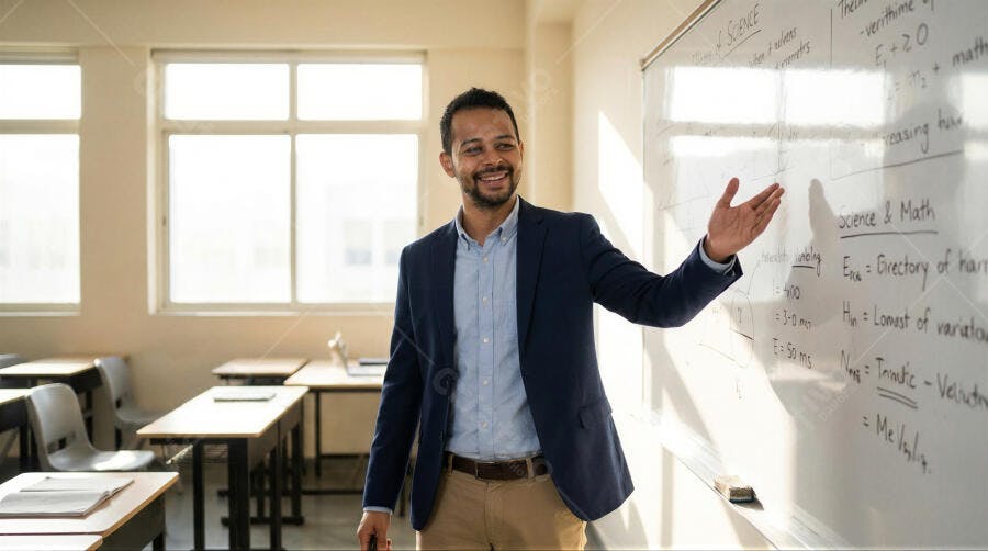 Foto Professor Homem Negro Explicando Lousa Sala de Aula