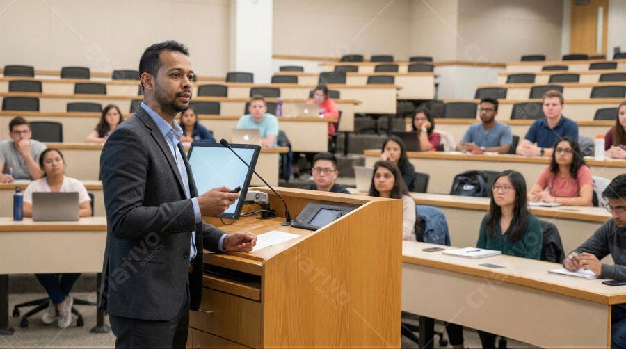Foto Professor Homem Palestrando Aula Universitária Auditório