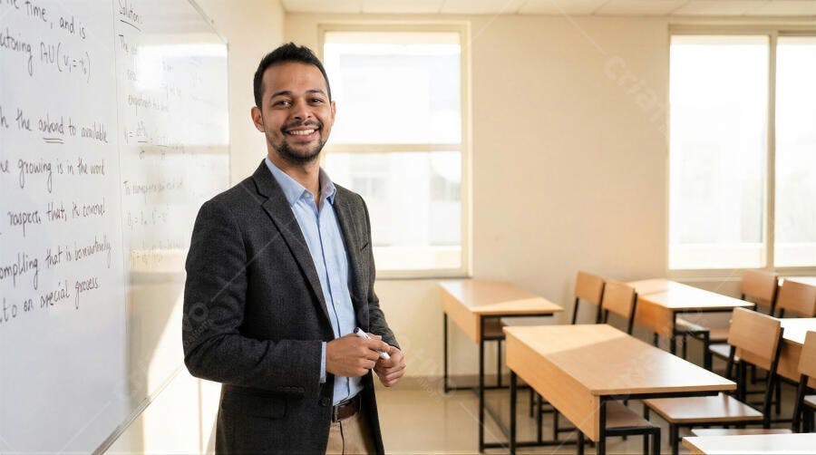 Foto Professor Homem Sorrindo Sala de Aula Branca