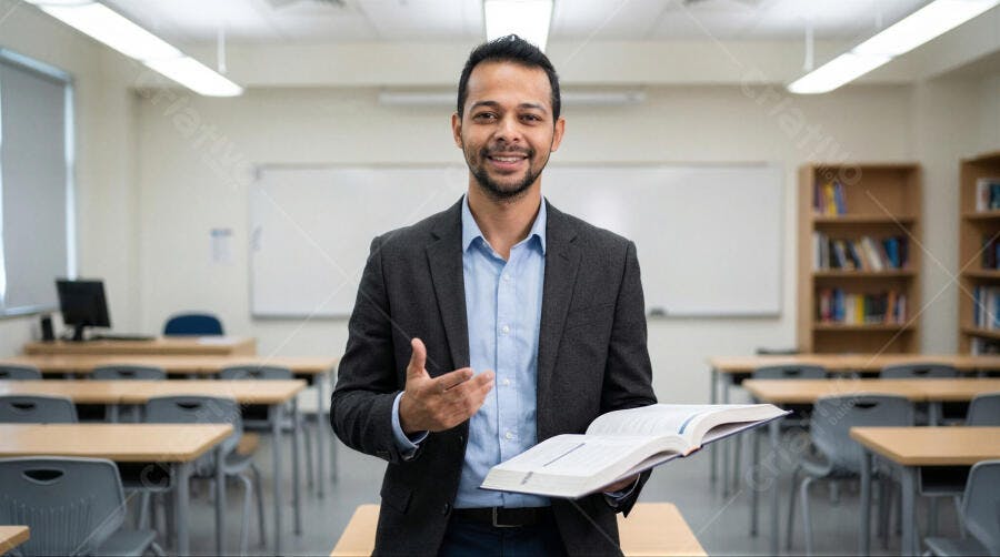 Foto Professor Homem Sorrindo Sala de Aula Vazia Livro
