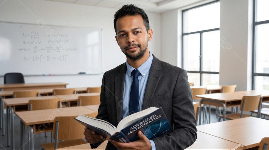 Foto Professor Indiano Homem Segurando Livro Sala de Aula