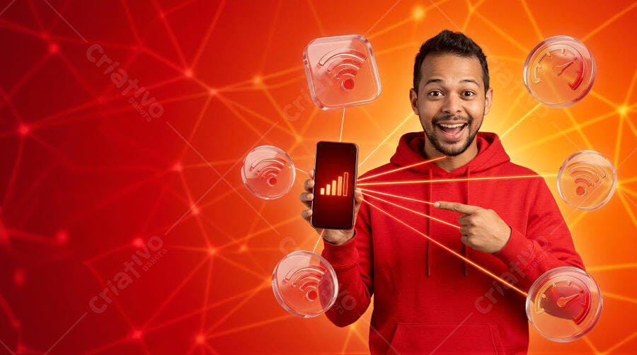 Homem Jovem Sorrindo Apontando Celular Sinal Wi-Fi Forte