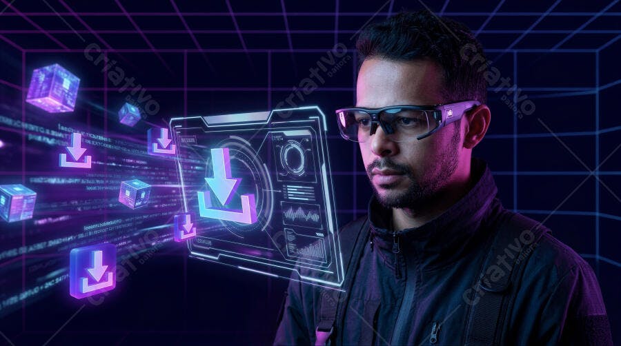 Homem Óculos VR Interagindo Interface Holográfica Download Dados