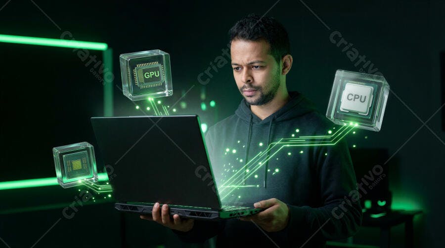 Homem Tecnologia Notebook Processadores Flutuantes Iluminação Neon