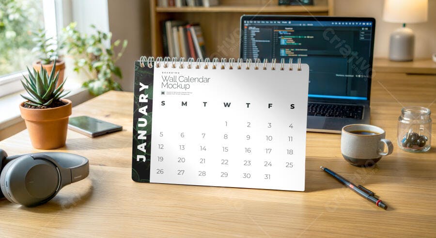 Mockup Calendário de Mesa Realista Escritório Editável