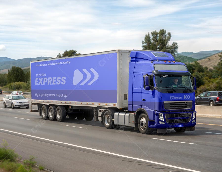 Mockup Caminhão Baú Azul Rodovia Realista Editável