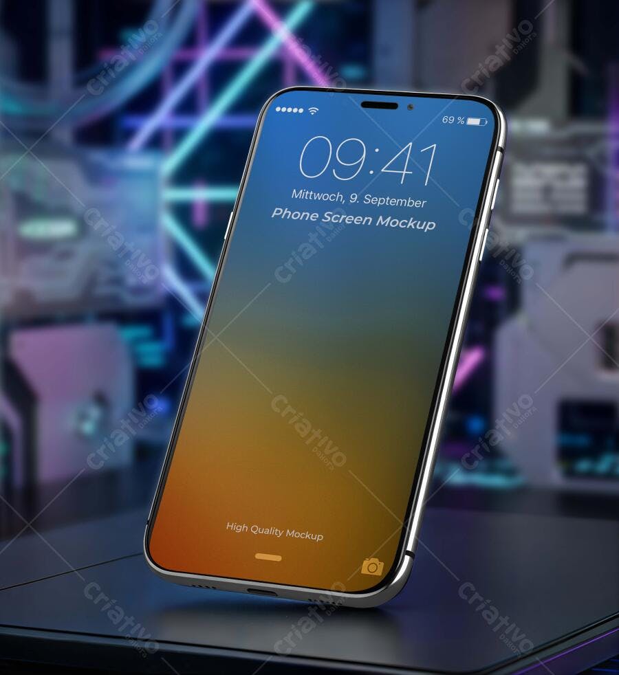 Mockup Celular Smartphone Tela Flutuante Fundo Neon Editável