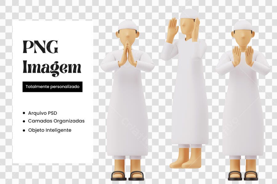 Personagem 3D Muçulmano Homem Rezando PNG Fundo Transparente