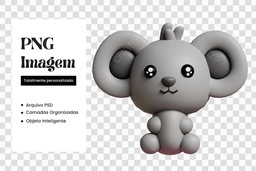 Personagem Ilustrado Rato Cinza Fofo 3D PNG Fundo Transparente