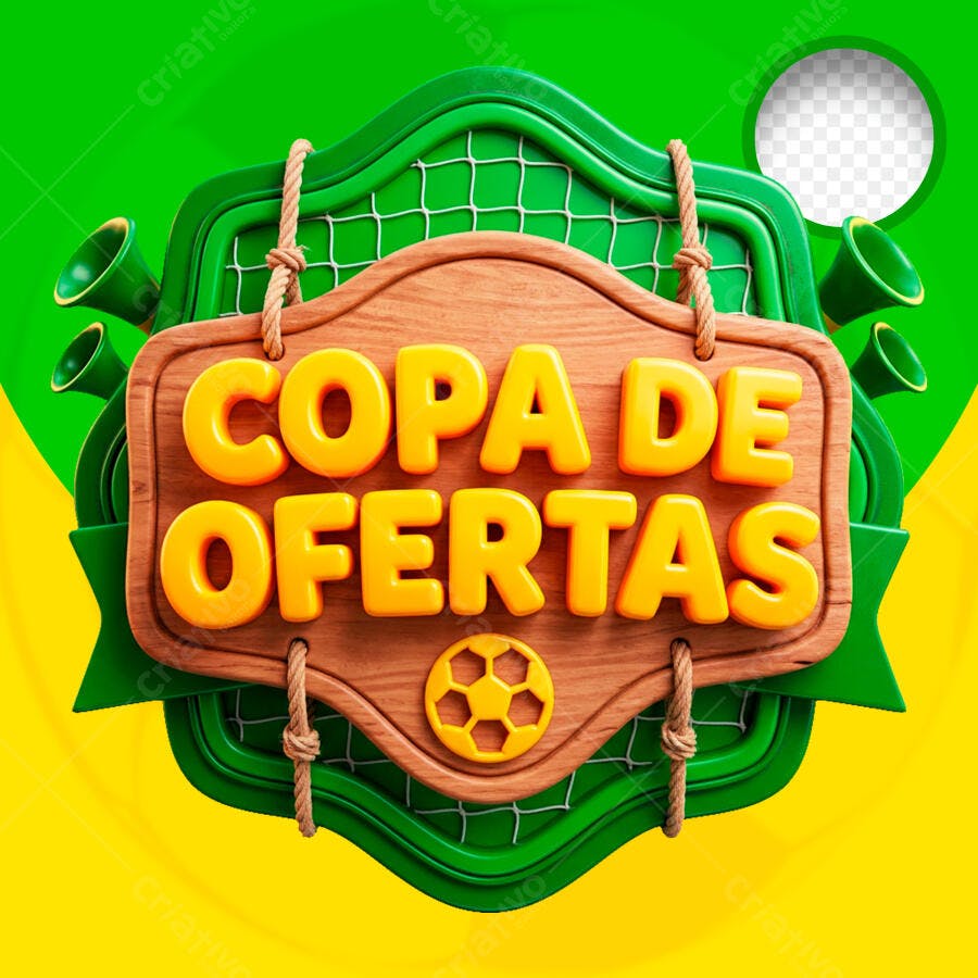Selo 3D Copa de Ofertas Futebol Verde Amarelo PNG Transparente