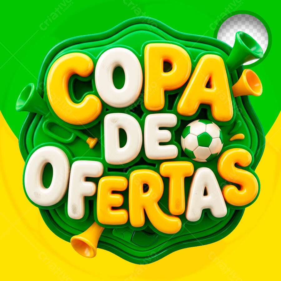 Selo 3D Copa de Ofertas Futebol Verde Amarelo PNG Transparente