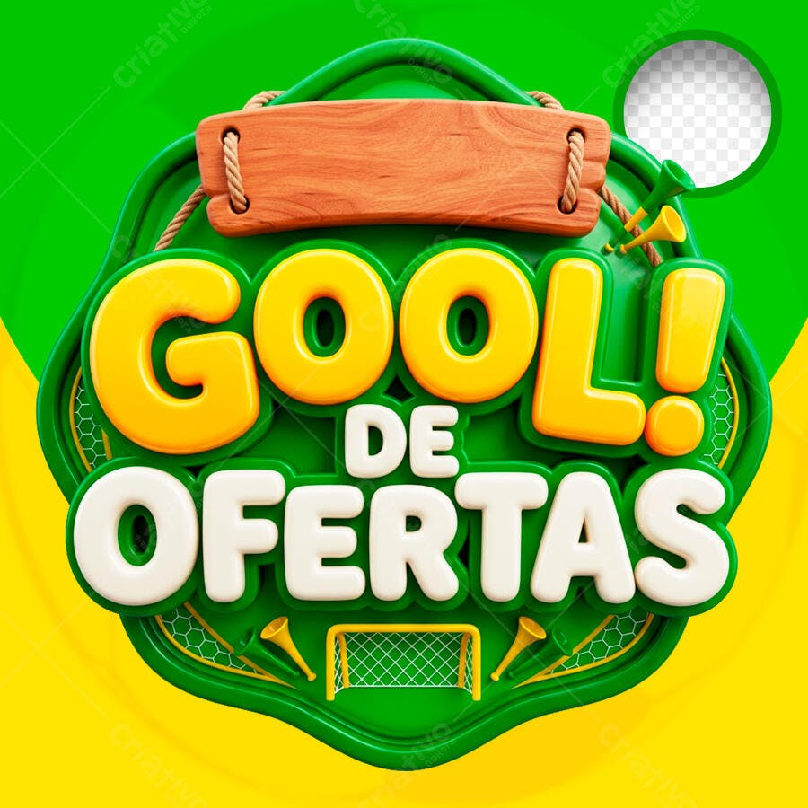 Selo 3D Ofertas Futebol Copa do Mundo Verde Amarelo PNG Transparente