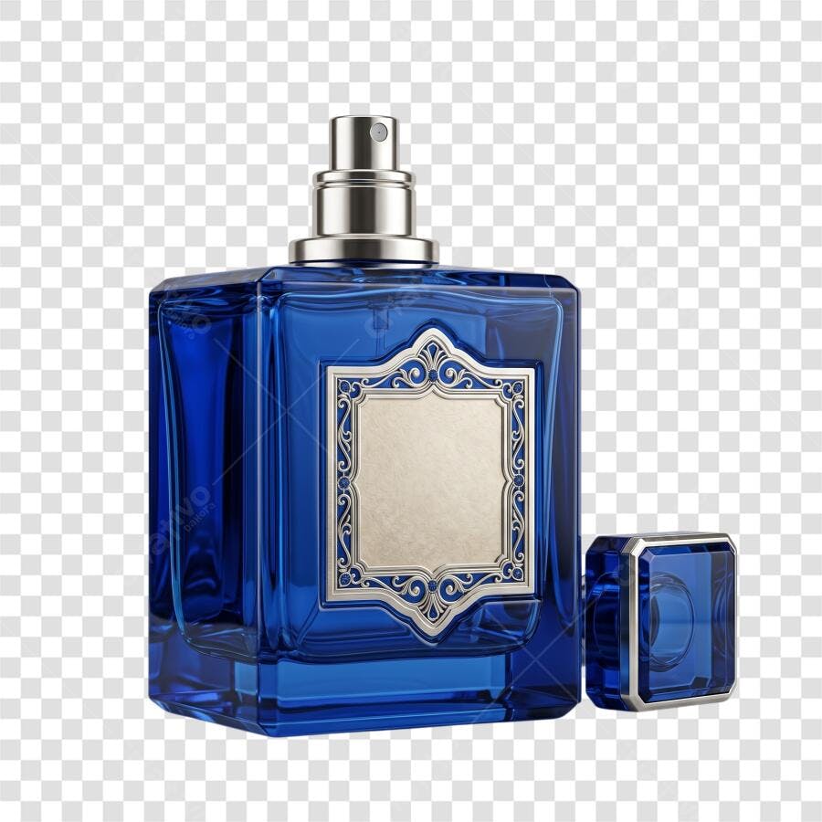 Elemento 3D Frasco Perfume Azul Luxo PNG Fundo Transparente
