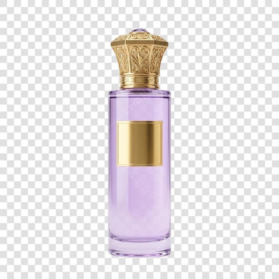 Elemento 3D Frasco Perfume Lilás Dourado PNG Fundo Transparente