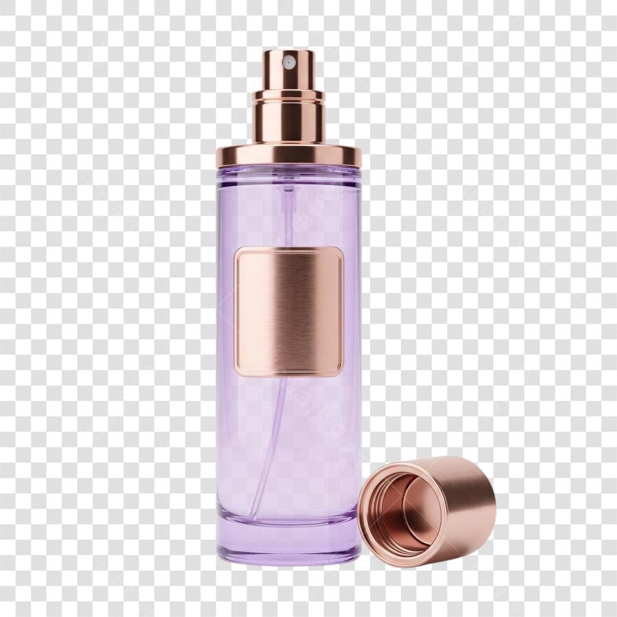 Elemento 3D Frasco Perfume Roxo Rose Gold PNG Fundo Transparente