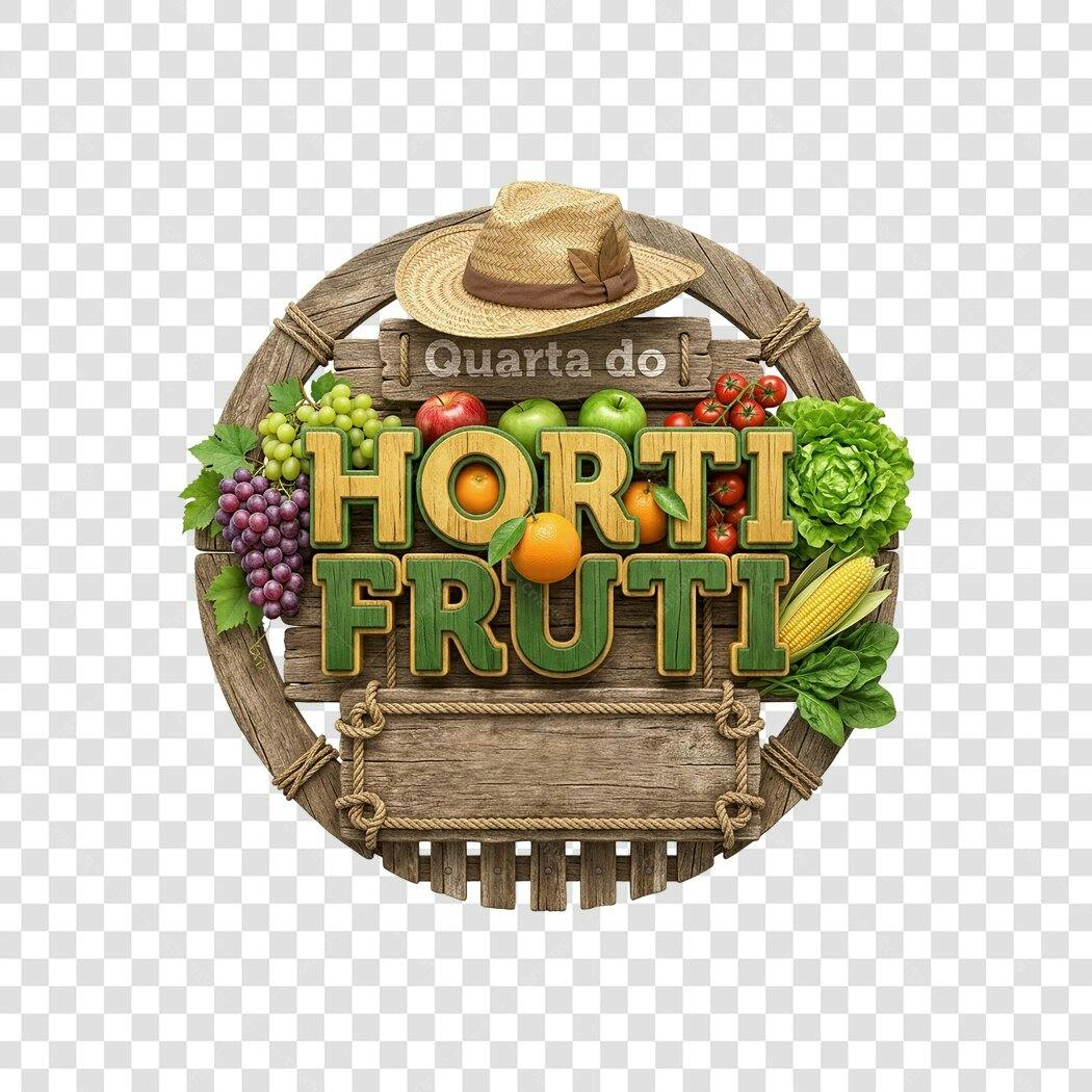 Elemento 3D Quarta do Hortifruti Placa Madeira PNG Fundo Transparente
