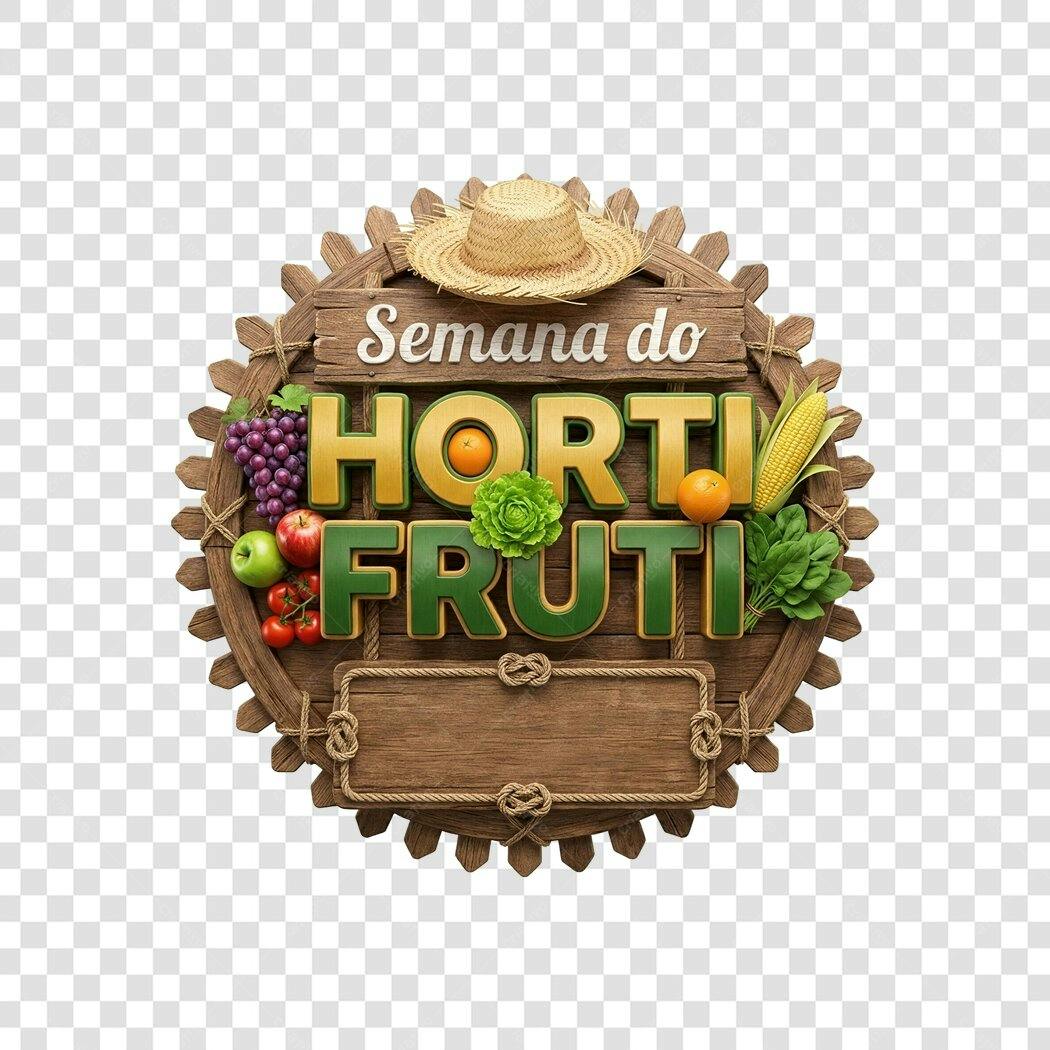 Elemento 3D Semana do Hortifruti Placa Madeira PNG Fundo Transparente