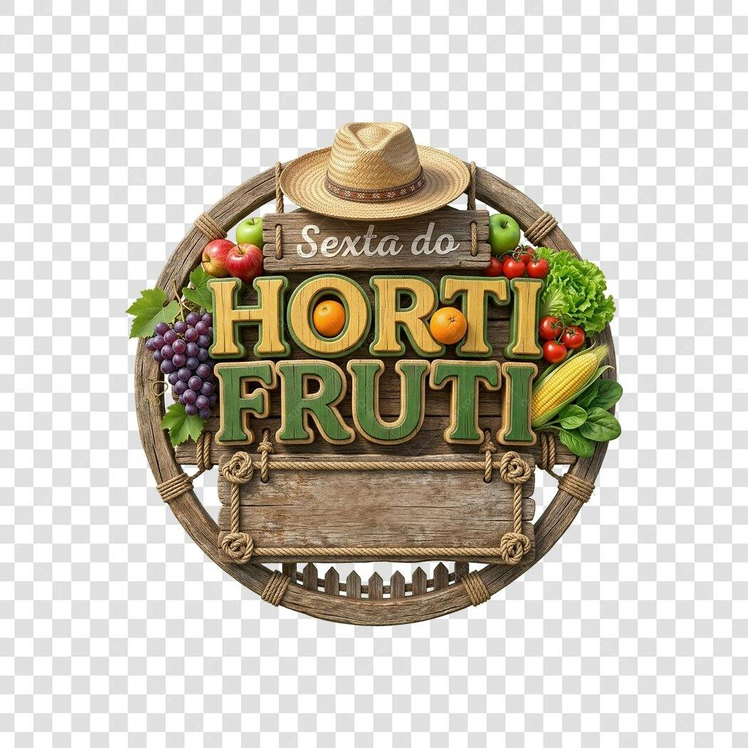 Elemento 3D Sexta do Hortifruti Placa Madeira PNG Fundo Transparente
