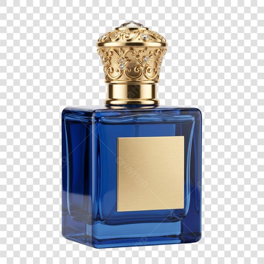 Foto Recortada Frasco Perfume Azul Dourado PNG Fundo Transparente