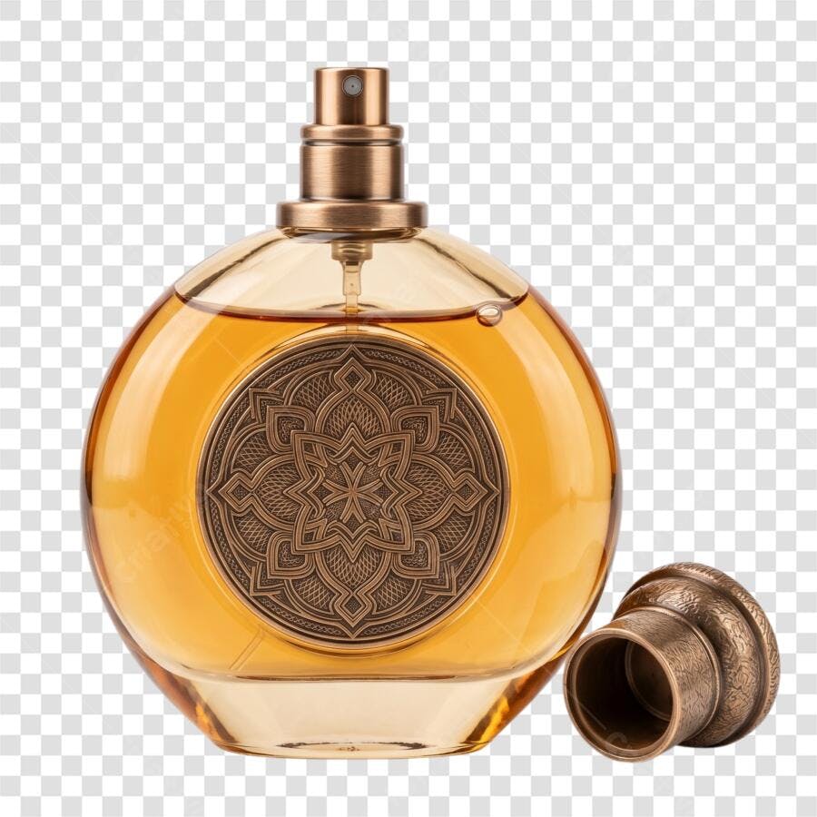 Foto Recortada Frasco Perfume Dourado Detalhes Étnicos PNG Fundo Transparente