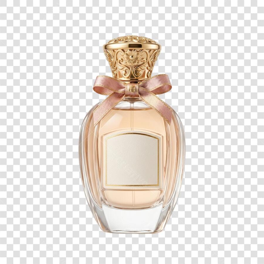 Foto Recortada Frasco Perfume Dourado Laço Rosa PNG Fundo Transparente