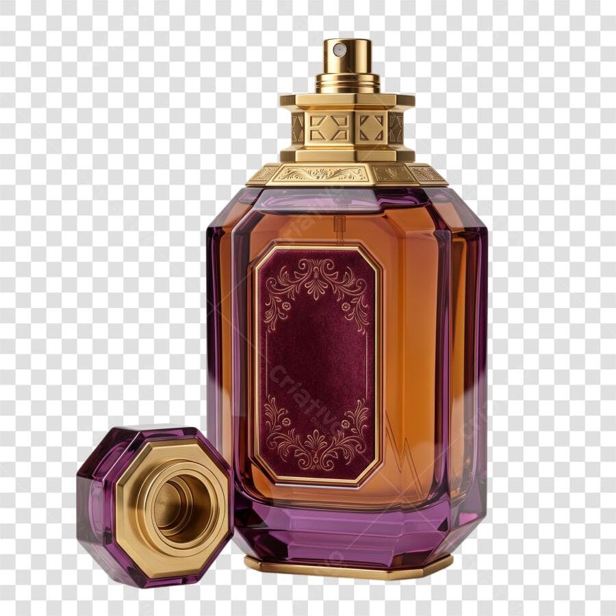 Foto Recortada Frasco Perfume Dourado Roxo PNG Fundo Transparente