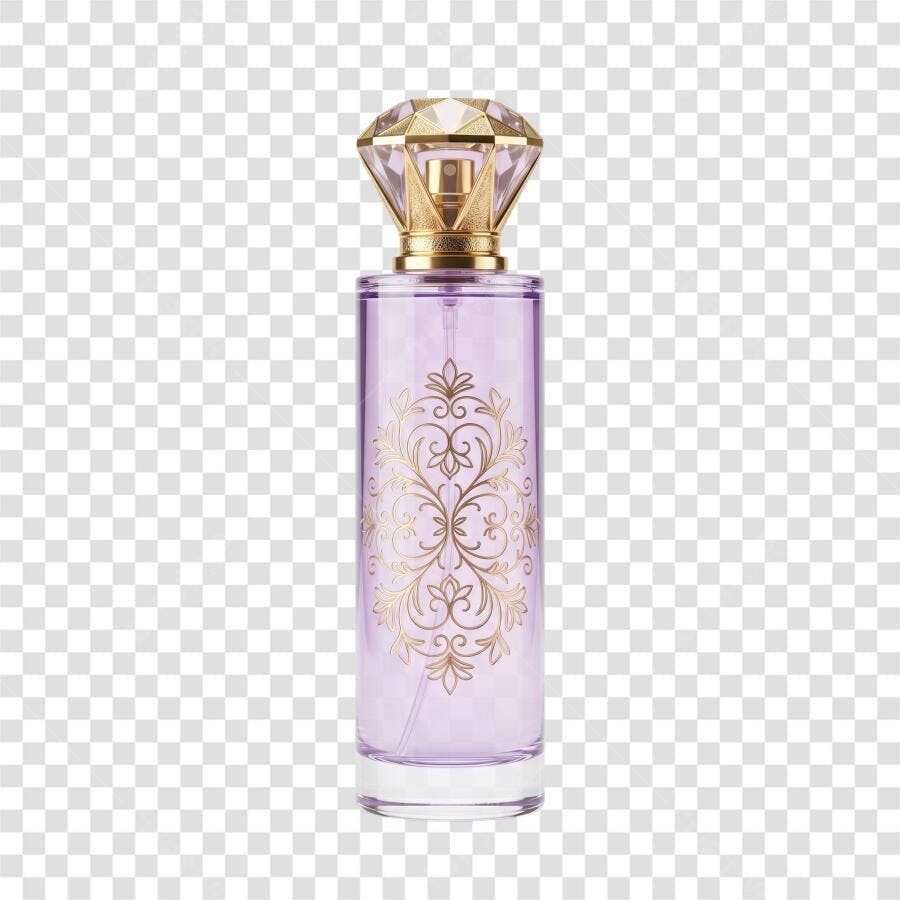 Foto Recortada Frasco Perfume Lilás Dourado PNG Fundo Transparente