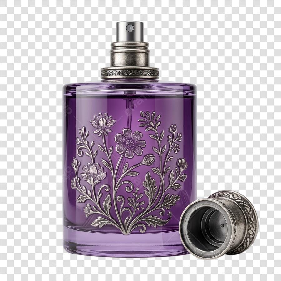 Foto Recortada Perfume Roxo Frasco Detalhes Florais PNG Fundo Transparente
