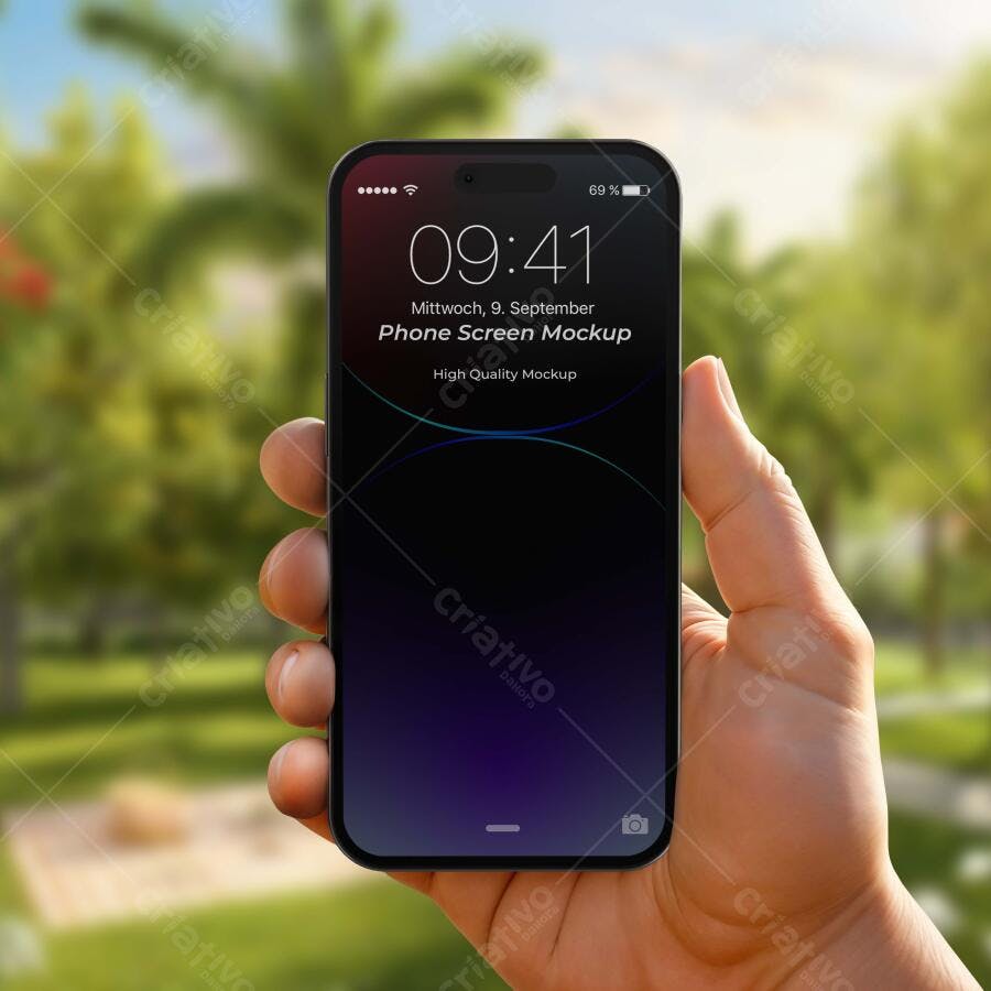 Mockup Celular Mãos Segurando Tela Vertical Fundo Verde Editável