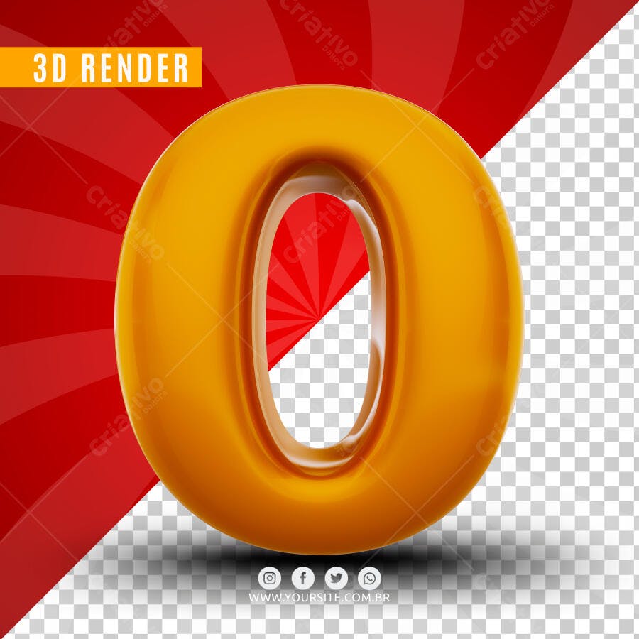 Número 0 Dourado 3D Render PSD Editável