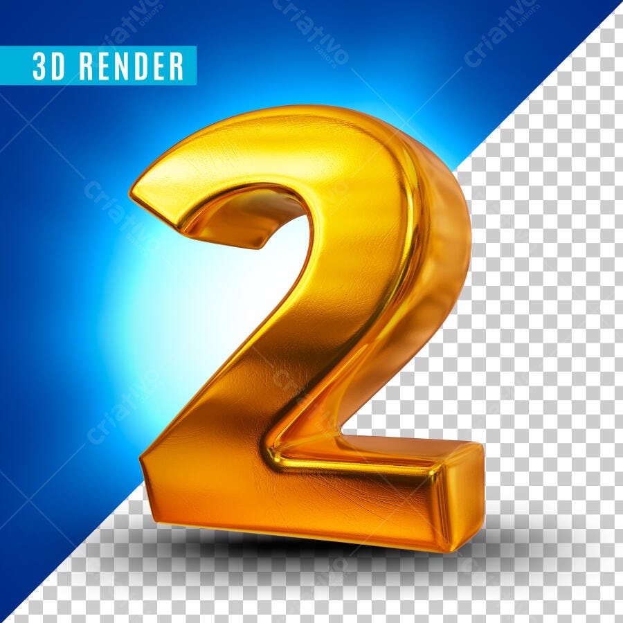 Número 2 Dourado 3D Render PSD Editável
