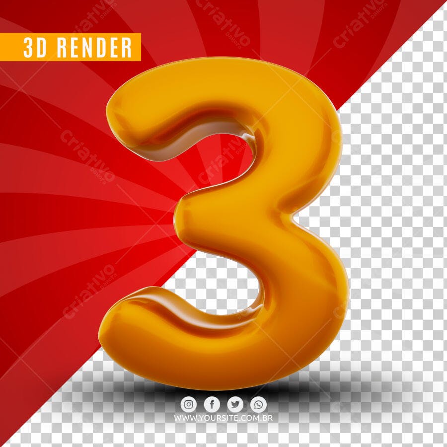 Número 3 Dourado 3D Render PSD Editável