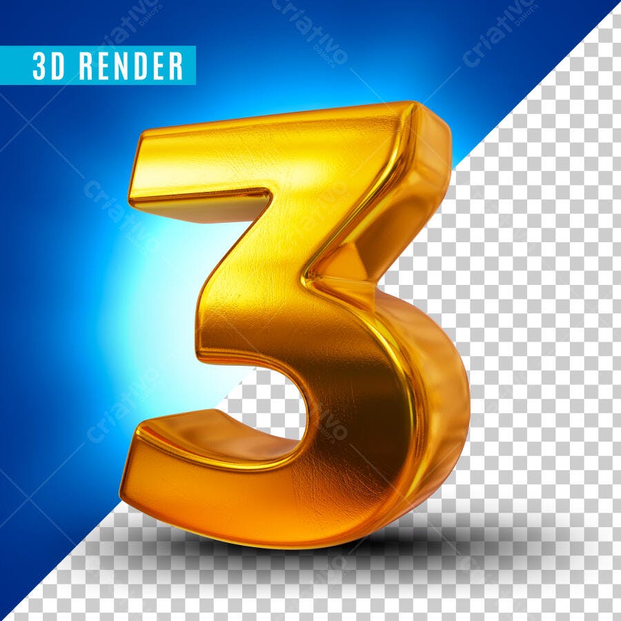 Número 3 Dourado 3D Render PSD Editável