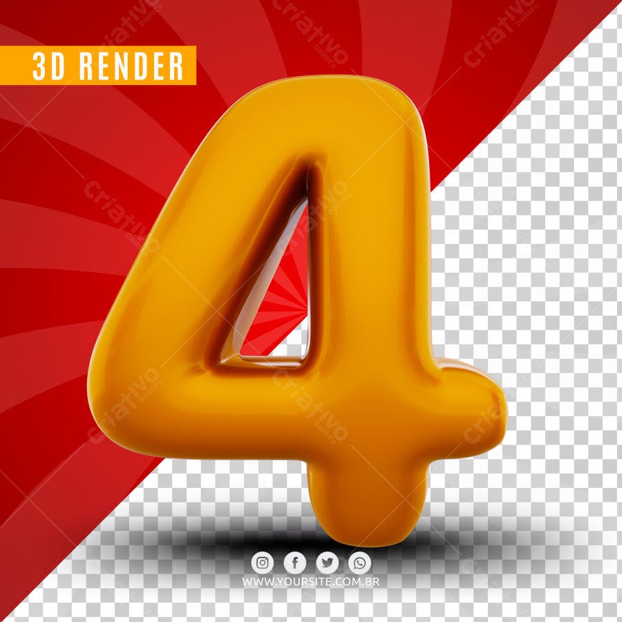Número 4 Dourado 3D Render PSD Editável