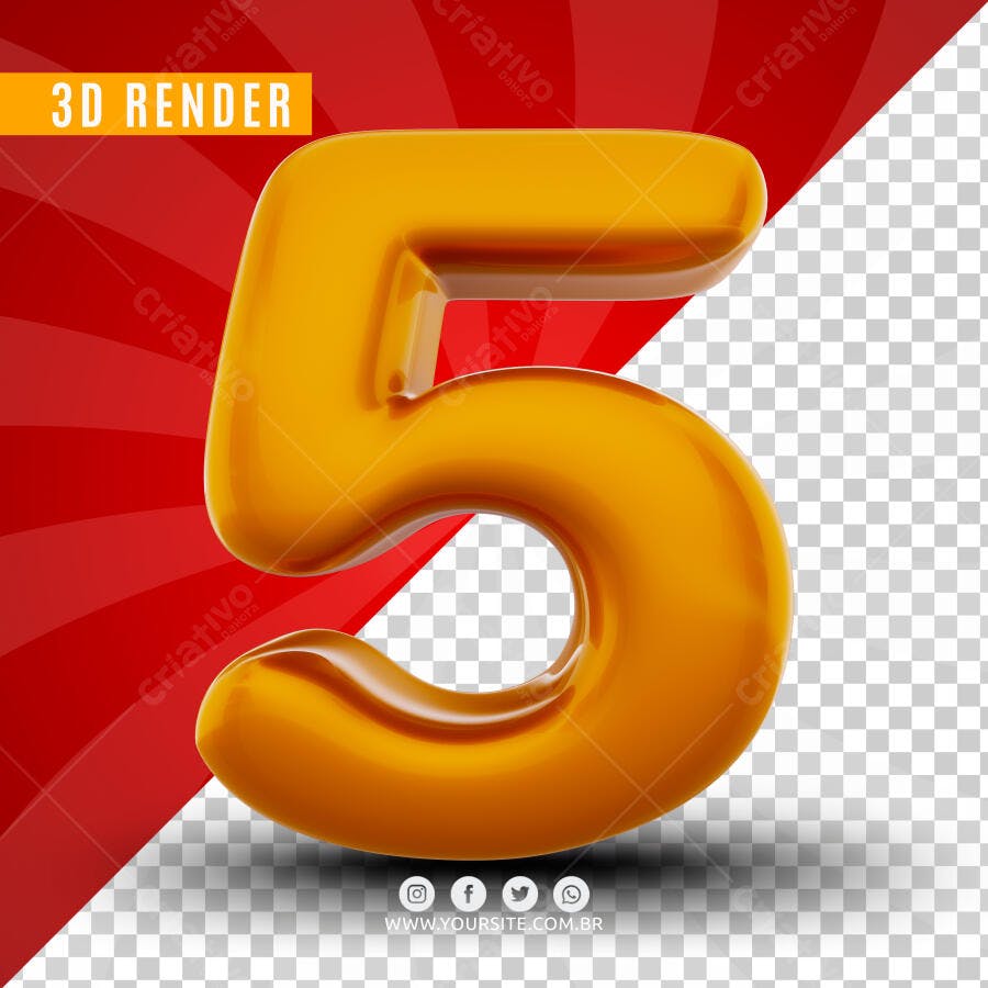 Número 5 Dourado 3D Render PSD Editável