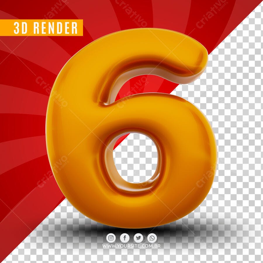 Número 6 Dourado 3D Render PSD Editável