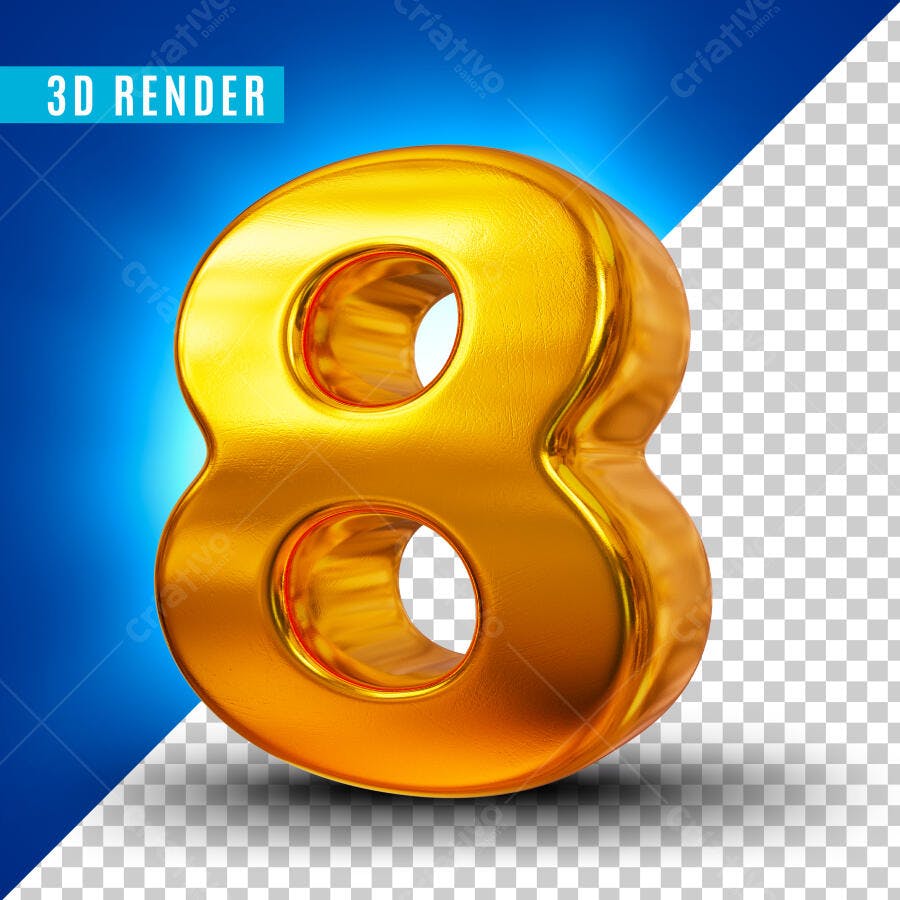 Número 8 Dourado 3D Render PSD Editável