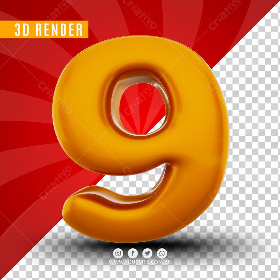 Número 9 Dourado 3D Render PSD Editável