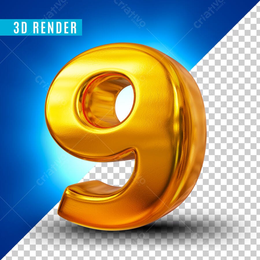 Número 9 Dourado 3D Render PSD Editável
