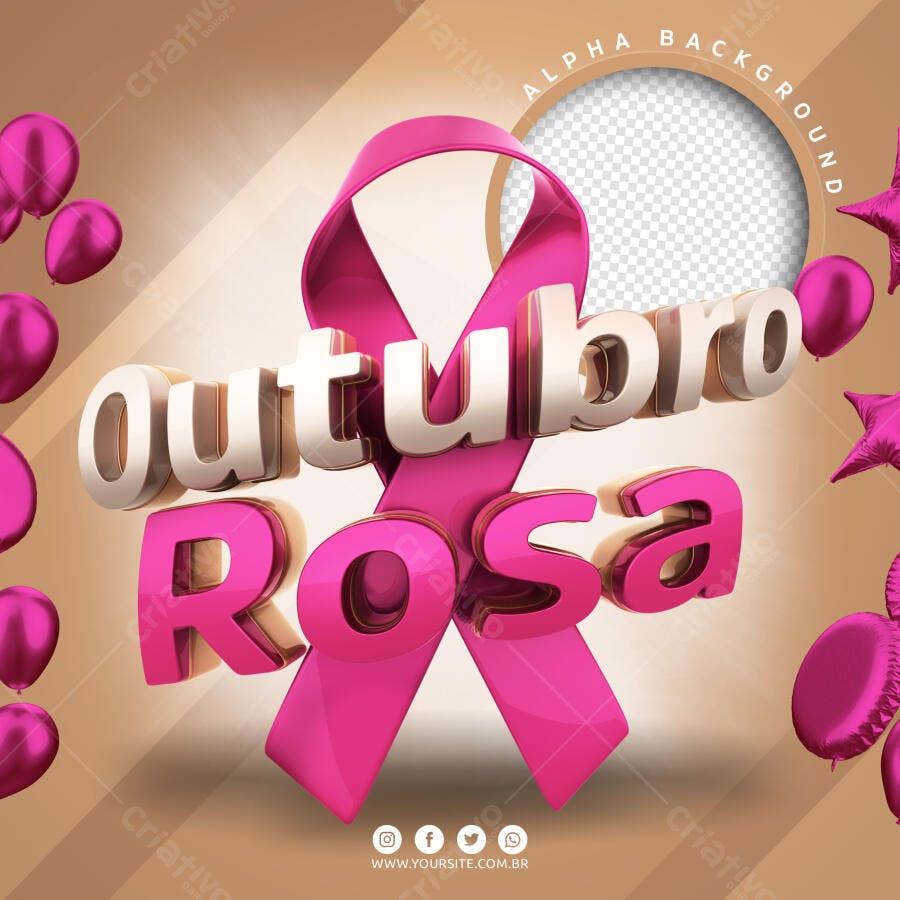 Outubro Rosa Laço Balões 3D PSD Editável