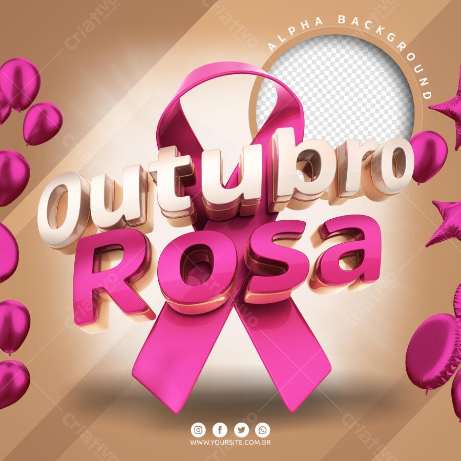 Outubro Rosa Laço Balões 3D PSD Editável