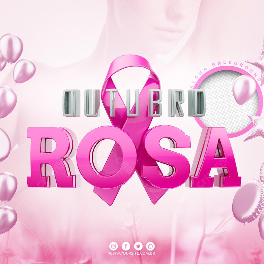 Outubro Rosa Laço Balões 3D PSD Editável