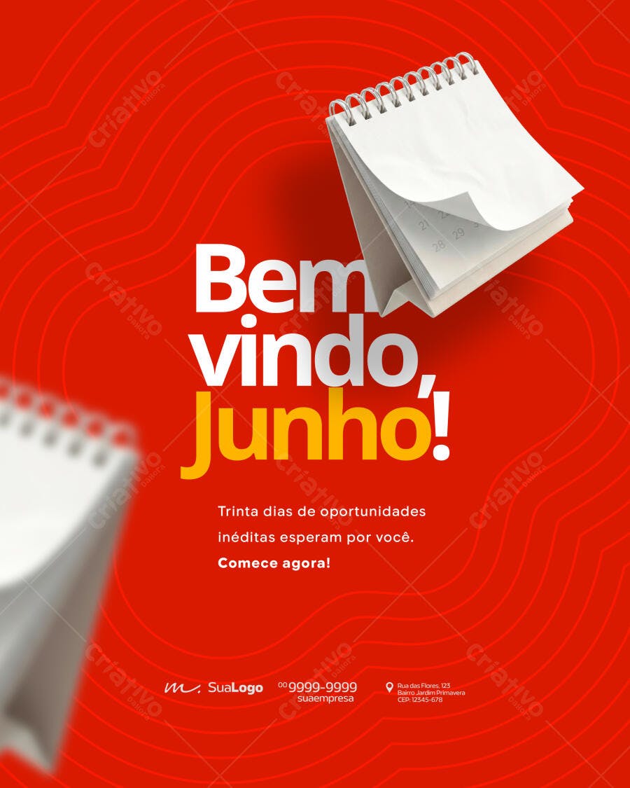 Post Instagram Bem-Vindo Junho Calendário PSD Editável