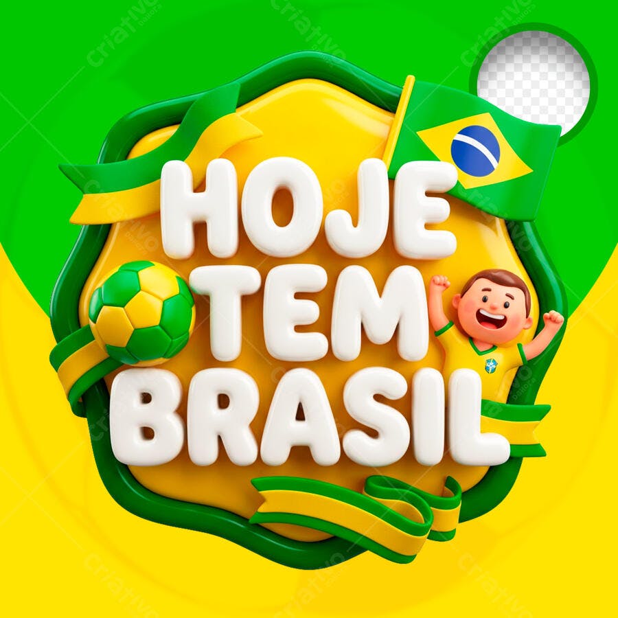 Selo 3D Brasil Copa do Mundo Amarelo e Verde PNG Transparente