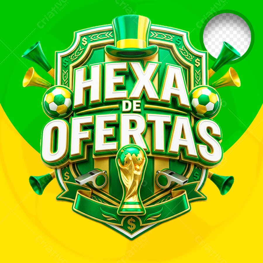 Selo 3D Hexa de Ofertas Futebol Copa do Mundo PNG Transparente