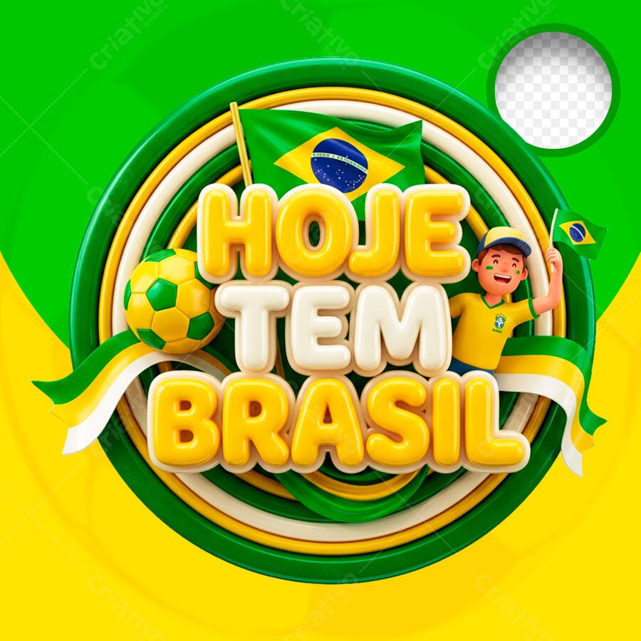 Selo 3D Hoje Tem Brasil Copa do Mundo Futebol PNG Transparente