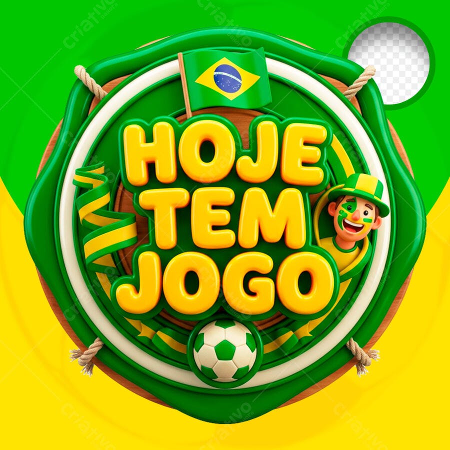 Selo 3D Hoje Tem Jogo Brasil Copa do Mundo PNG Transparente