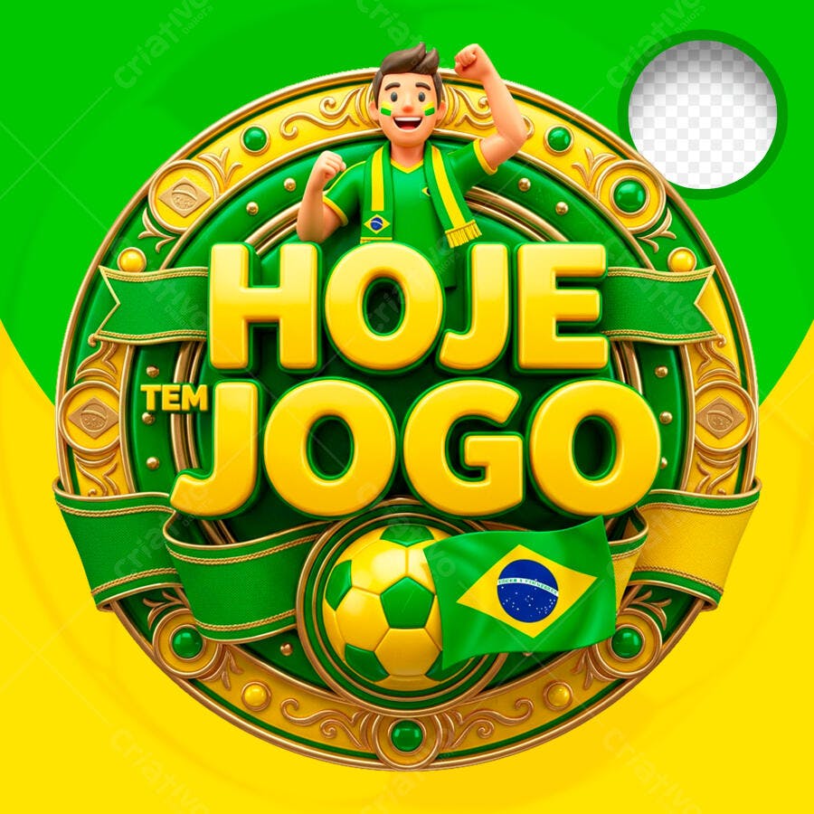 Selo 3D Hoje Tem Jogo Brasil Futebol Copa PNG Transparente
